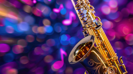 A stunning golden saxophone stands out against a colorful bokeh background filled with musical notes, creating a vibrant and artistic atmosphere.の素材