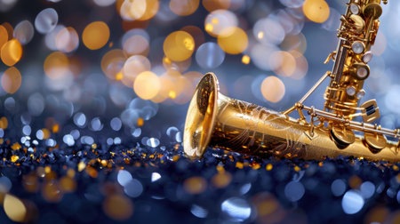 A close-up view of a beautifully designed saxophone surrounded by shimmering sparkles and soft bokeh lights creates a warm and festive mood.の素材