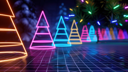 A stunning display of neon Christmas trees in a vibrant winter landscape, showcasing colorful lights that create a festive and futuristic atmosphere.の素材