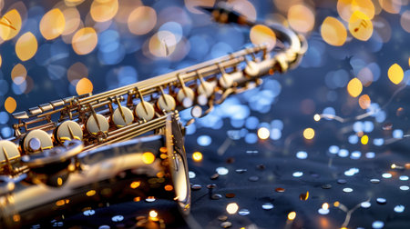 This image features a gleaming saxophone resting amidst a backdrop of soft bokeh lights and shimmering confetti, embodying a sense of musical elegance and celebration.の素材