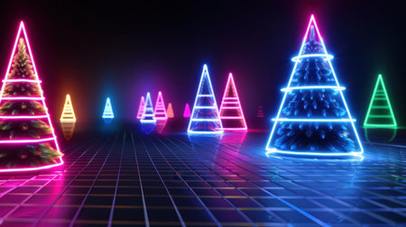 A mesmerizing scene featuring colorful neon Christmas trees glowing brightly against a dark background, perfect for holiday celebrations and seasonal decor.の素材