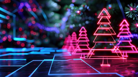 Explore a vibrant scene featuring neon Christmas trees that glow within a digital landscape, creating a festive atmosphere for the holiday season.の素材