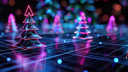 This vibrant digital artwork features neon Christmas trees illuminated with colorful lights against a dynamic backdrop, creating a festive atmosphere perfect for holiday celebrations.の素材