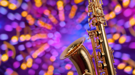 A stunning saxophone shines against a backdrop of vibrant bokeh lights and floating musical notes, creating a lively atmosphere ideal for any music-related project.の素材