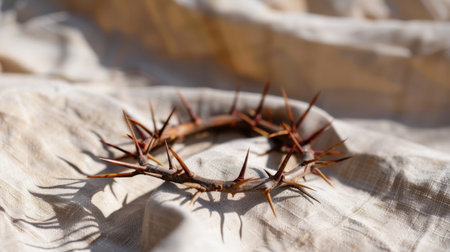 A thorn crown placed on a soft, textured fabric highlights themes of sacrifice and suffering. The interplay of light and shadows adds depth and emotion.の素材