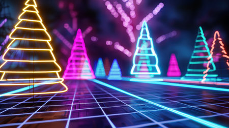 This captivating image showcases neon Christmas trees arranged on a futuristic grid, set against a vibrant backdrop of colorful lights and fireworks, perfect for holiday-related themes.の素材