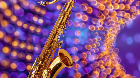 A luxurious golden saxophone stands out against a vibrant bokeh background, perfect for themes of music, celebration, and artistic expression.の素材