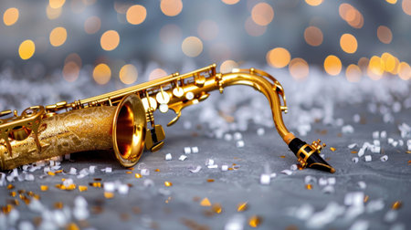 A close-up of a shiny gold saxophone resting on a table surrounded by glittering bokeh lights and scattered confetti, perfect for events celebrating music.の素材