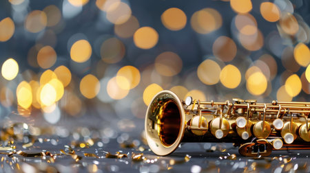 A stunning close-up of a glossy saxophone resting on a sparkling background filled with warm bokeh lights, perfect for creative musical themes.の素材