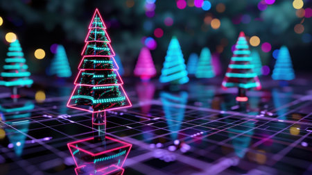 This vibrant digital artwork features glowing neon Christmas trees in a colorful landscape, creating a modern and festive atmosphere perfect for the holiday season.の素材