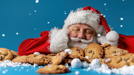 A jolly Santa Claus relaxes with a variety of scrumptious cookies and milk, surrounded by a magical winter scene filled with falling snowflakes.の素材