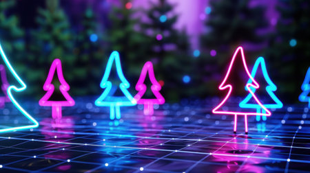 A captivating scene featuring neon Christmas trees illuminated in vibrant colors, set against a futuristic winter backdrop, perfect for holiday designs.の素材