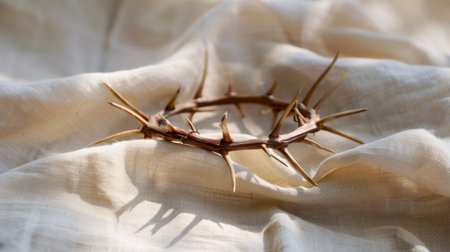 A detailed view of a crown of thorns resting on soft fabric, capturing the essence of suffering and sacrifice in Christian tradition. An evocative still life emphasizing spirituality and reflection.の素材