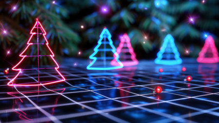 This vibrant image features colorful neon Christmas trees illuminated in various hues on a dark background. Sparkling lights and a grid pattern enhance the festive atmosphere, perfect for holiday designs.の素材