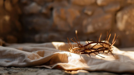 A serene crown of thorns lies gently on soft fabric, illuminated by warm natural light. This image represents sacrifice and reflection, inviting contemplation.の素材
