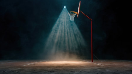 A captivating scene of a basketball court under dramatic lighting, showcasing an empty hoop surrounded by smoke and darkness, perfect for sports themes.の素材
