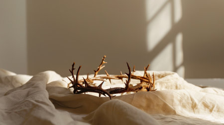 This beautiful still life features a delicate antler crown resting on soft fabric, bathed in warm natural light. The subtle shadows enhance the serene and minimalistic setting.の素材