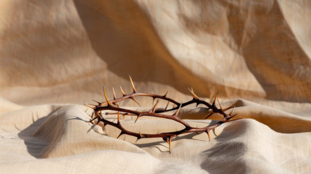 A striking thorny crown rests delicately on soft, draped fabric, highlighting themes of suffering and sacrifice in a serene setting. This image captures light beautifully, making it suitable for artistic or religious projects.の素材