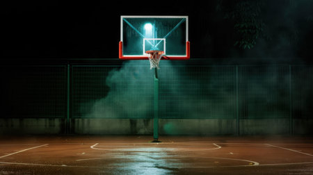 This captivating image captures a nighttime basketball court, showcasing an illuminated hoop surrounded by a misty atmosphere, perfect for sports visuals.の素材
