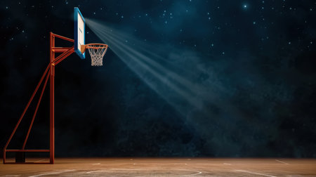 A captivating image of a basketball hoop illuminated by a spotlight under a starry night sky, creating a serene yet dramatic atmosphere.の素材