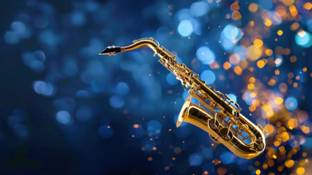 A stunning golden saxophone stands out against a vibrant background with sparkling bokeh lights in shades of blue and gold, creating an artistic atmosphere.の素材