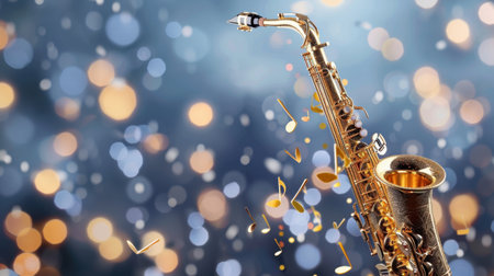 A stunning saxophone stands out against a dreamy background filled with musical notes and vibrant bokeh lights, perfect for any music-themed project.の素材