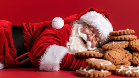 A jolly Santa Claus is peacefully resting beside a delightful assortment of cookies on a vibrant red backdrop, capturing the essence of holiday joy and relaxation.の素材