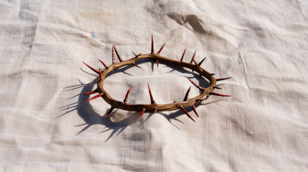This captivating image features a unique thorn crown lying on a fabric surface, showcasing an intricate interplay of light and shadow. The detailed close-up emphasizes the beauty and raw texture of natural materials.の素材