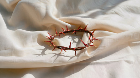 A simple yet powerful crown of thorns rests on soft fabric, evoking themes of suffering and spiritual significance in art and culture.の素材