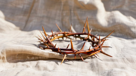 This image features a crown of thorns resting on a soft, natural fabric, offering a serene and minimalist representation of religious symbolism.の素材