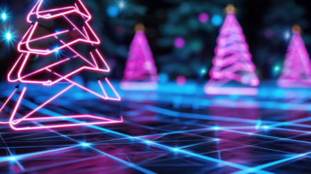 A captivating scene featuring bright neon Christmas trees against a futuristic landscape. The vibrant colors and glowing lights create a joyful and festive atmosphere, perfect for holiday-themed projects.の素材