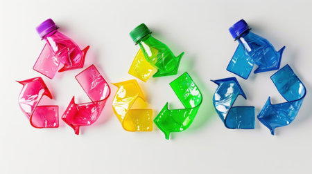 A vibrant collection of colorful plastic bottles arranged with recycling symbols on a light background, highlighting the importance of sustainability and environmental awareness.の素材