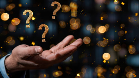 A pair of hands open to the sky with golden question marks floating above, creating a mesmerizing bokeh effect. This image symbolizes exploration and curiosity, inspiring thoughts and ideas. Perfect for concepts related to inquiries or creative processes.の素材