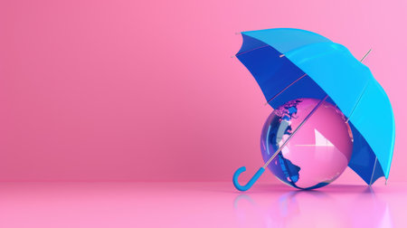 A vibrant blue umbrella gracefully protects a globe set against a pink background, symbolizing resilience and safety amid climate challenges, promoting awareness.の素材