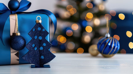 A beautifully arranged blue Christmas gift box with tree ornament showcases festive spirit. The soft focus background adds a cozy atmosphere, perfect for holiday celebrations.の素材