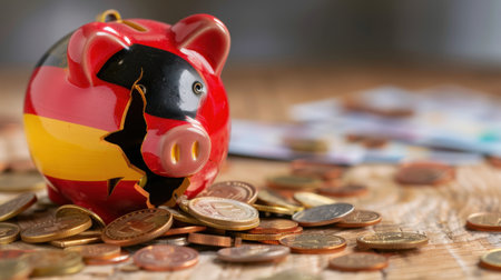 A broken piggy bank with the colors of the German flag sits surrounded by coins, symbolizing financial challenges and the need for better savings management.の素材
