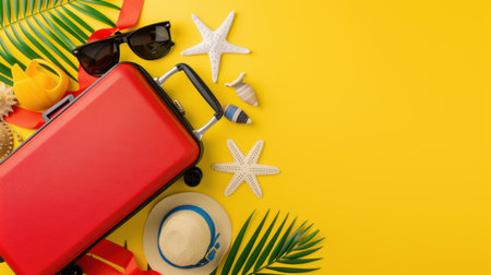 Bright and cheerful flat lay featuring a red suitcase, sunglasses, beach accessories, and tropical leaves on a yellow background, perfect for summer travel inspiration.の素材