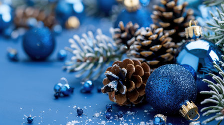 A stunning collection of blue and silver Christmas decorations featuring pine cones and sparkling ornaments, perfect for celebrating the festive season.の素材
