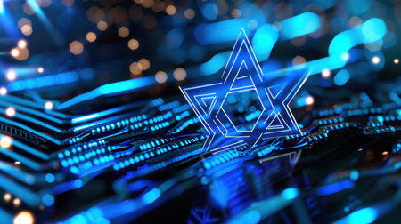 This captivating abstract image features a blue technology background with a geometric star symbol and glowing circuit elements, representing innovation.の素材
