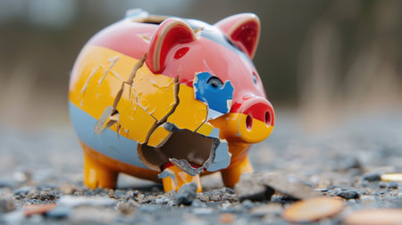 A vibrant piggy bank shows significant cracks and damage against a rough surface, surrounded by scattered coins. This image symbolizes financial struggle and loss.の素材