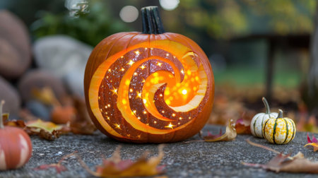 A beautifully carved pumpkin emits a warm glow, showcasing intricate designs in a picturesque autumn setting with colorful leaves and mini pumpkins.の素材