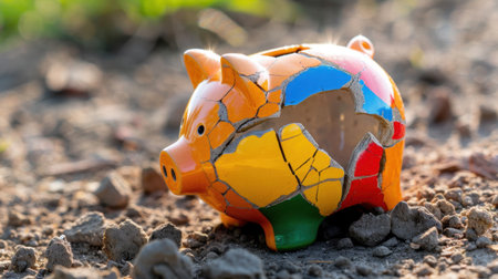 A vibrant, yet damaged piggy bank rests on the earth, reflecting themes of financial struggles and the importance of savings management. Explore the visual narrative of economic challenges.の素材