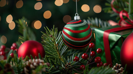 A vibrant Christmas ornament hangs elegantly amidst lush pine branches, surrounded by beautifully wrapped gifts. Soft bokeh lights create a warm, festive atmosphere.の素材