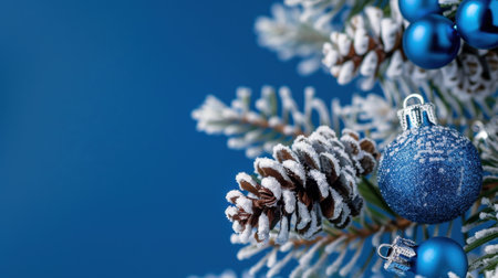 Capture the essence of winter with this beautiful close-up of snowy pine cones and blue ornaments adorning an evergreen branch, perfect for festive themes.の素材