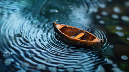 A serene scene showcasing a wooden boat gently floating on still water, with raindrops creating mesmerizing ripples, evoking a sense of tranquility.の素材