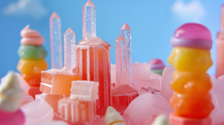 A vibrant and imaginative candy landscape features crystal-like confections, colorful sweets, and playful shapes, evoking joy and creativity perfect for a cheerful theme.の素材