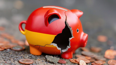 A broken piggy bank reveals scattered coins on a textured surface, symbolizing challenges in saving money and the impact of financial struggles.の素材