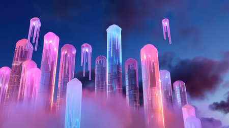 A stunning abstract cityscape featuring tall glowing towers surrounded by ethereal fog and colorful lights, creating a mesmerizing and mystical ambiance.の素材