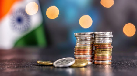 This stock photo showcases stacks of Indian coins with a blurred background featuring the national flag of India, representing finance and economic themes.の素材
