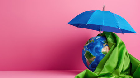 A vibrant composition featuring a blue umbrella shielding an earth globe draped in green fabric on a pink background, symbolizing protection and environmental awareness.の素材